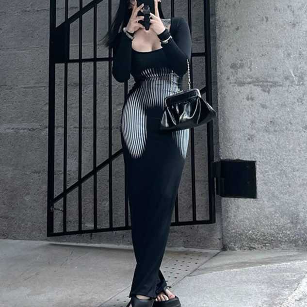 Autumn New Style Square Neck Hoodie Long Sleeve High Waist Bag Hip Tail Dress for Women 250315