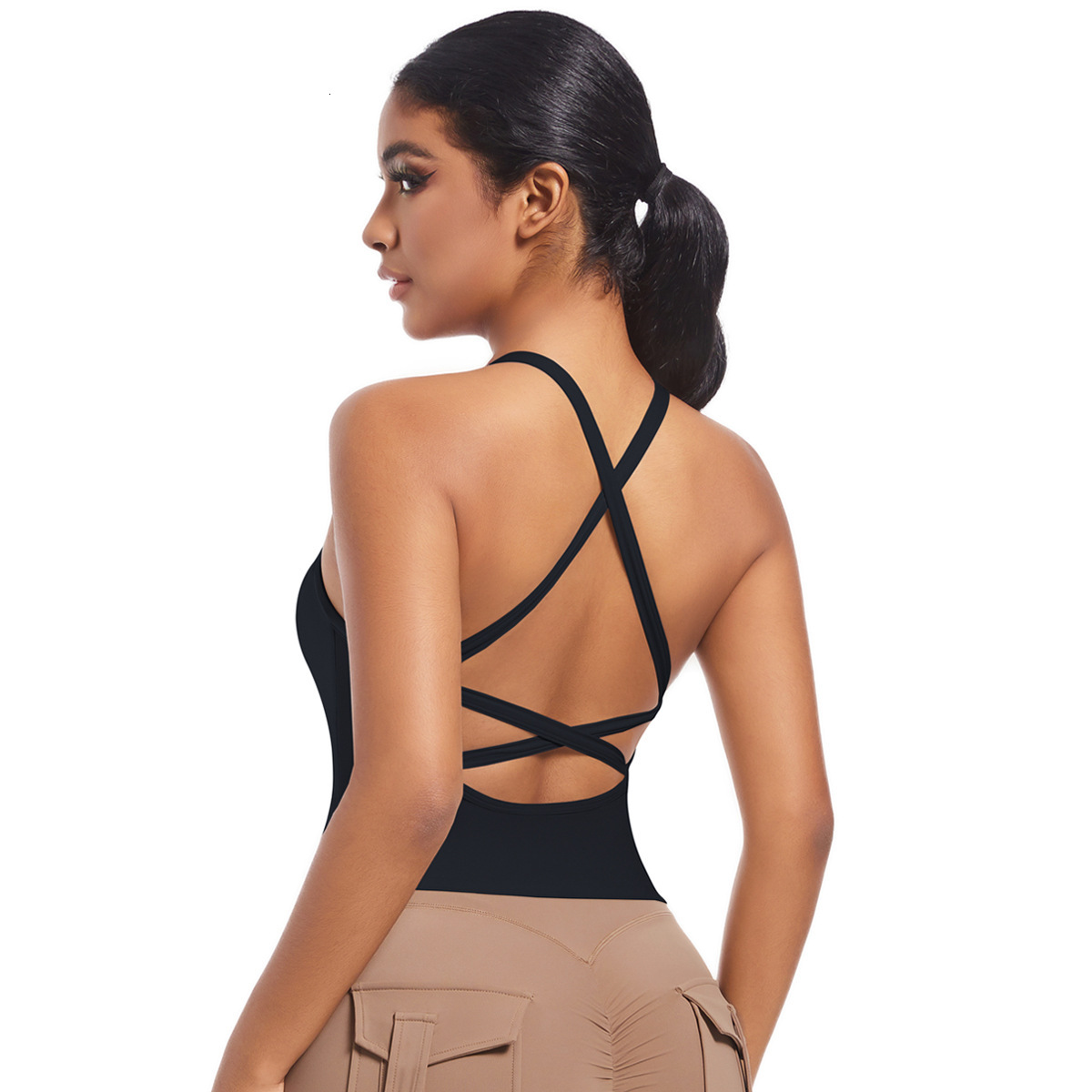 New double-sided nylon solid color back cross sports bra, running fitness yoga suit, vest top for women