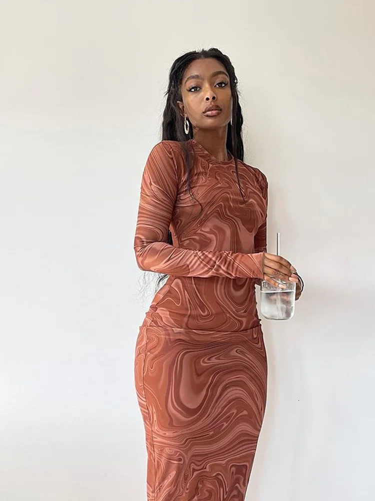 Long sleeved womens evening gown Oneck mid calf sexy vest De Mujer onepiece streetwear 250320