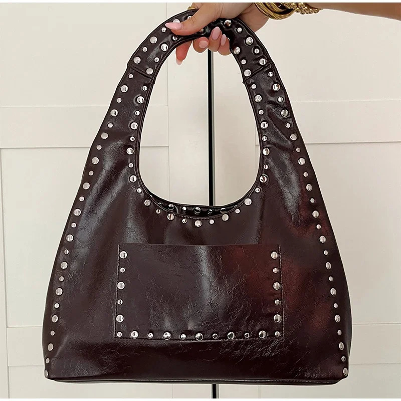 Retro Rivet Decorative Shoulder Bag Trendy Studded Purses Punk Inspired Motorcycle PU Leather Underarm Handbag For Women 250320