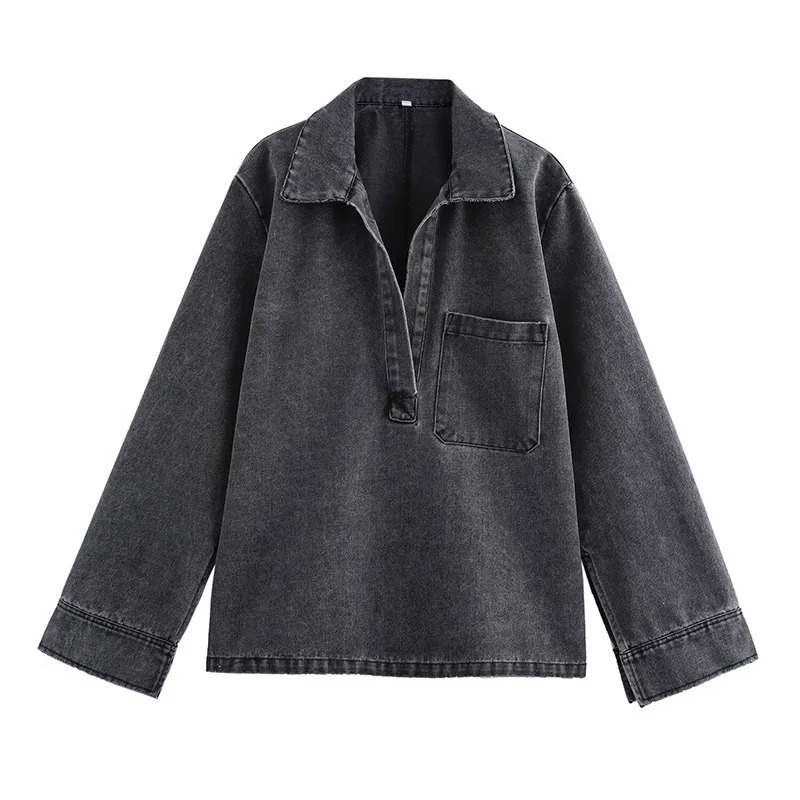 Willshela Womens Fashion Pocket Denim Solid Shirt Retro Collar Long Sleeve Womens Fashion Womens Shirt 250317