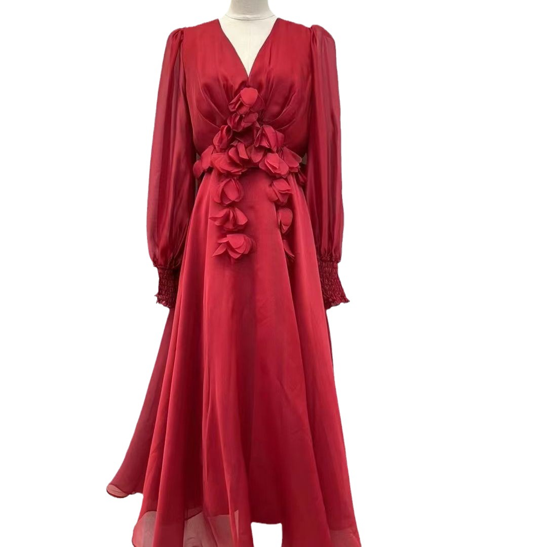 K61351 A3 high quality new French high-class lady sexy V-neck three-dimensional flower high waist figure showing mesh dress