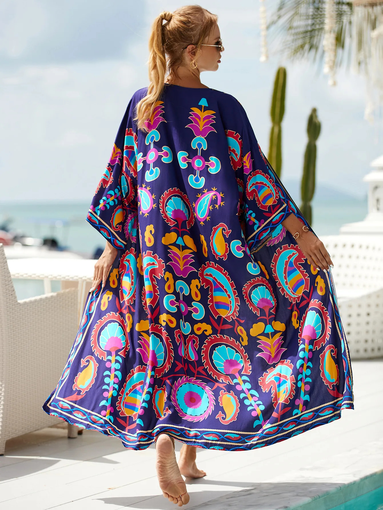 Kimonos Swimsuit Summer Vacation Outfit for Women Beach Robe Long Pool Cover Up Colorful Dress for Swimwear 250320