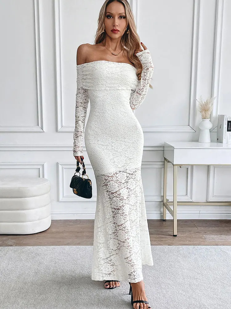 High quality Maxi dress for spring womens streetwear fashion long sleeved solid sexy lace strapless clothing 250320