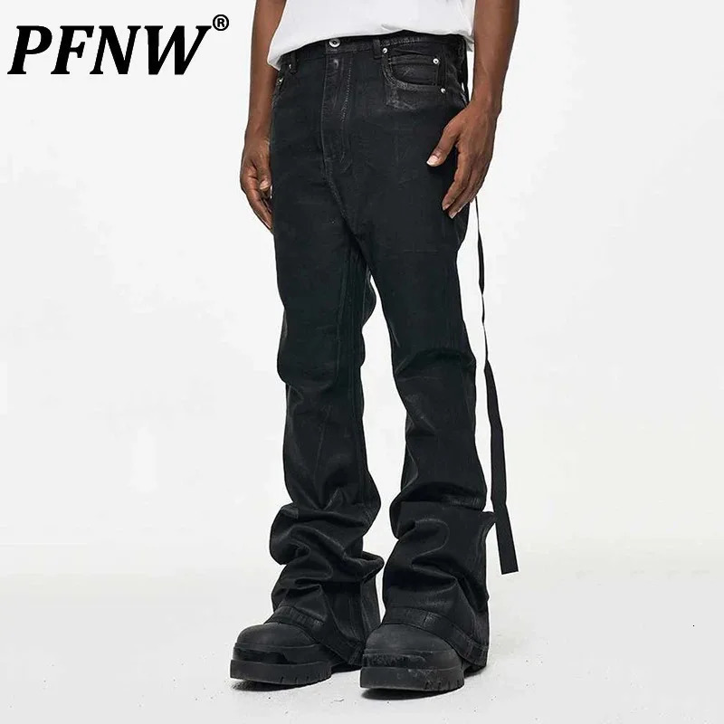 PFNW High Street Coated Brushed Micro Flare Drag Black Jeans Mens Loose Elastic Waxing Trouser Niche n 28W5688 250317