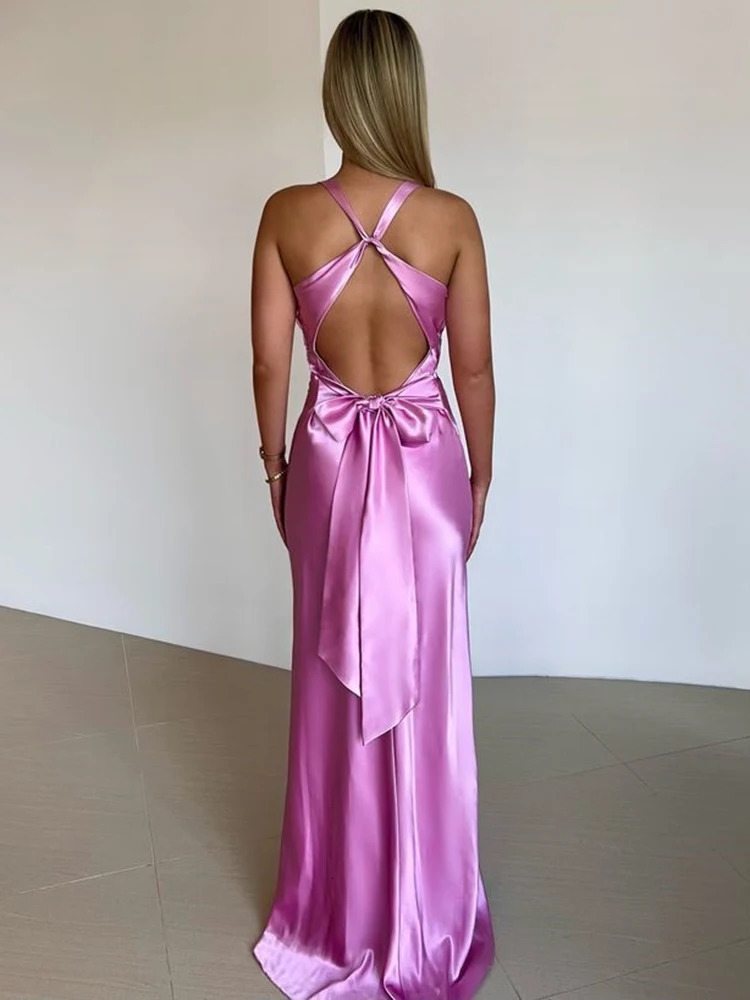 Mozision Satin Bow Backless Sexy Maxi Dress For Women Fashion Gown V Neck Sleeveless Club Party Evening Dress Elegant 250320