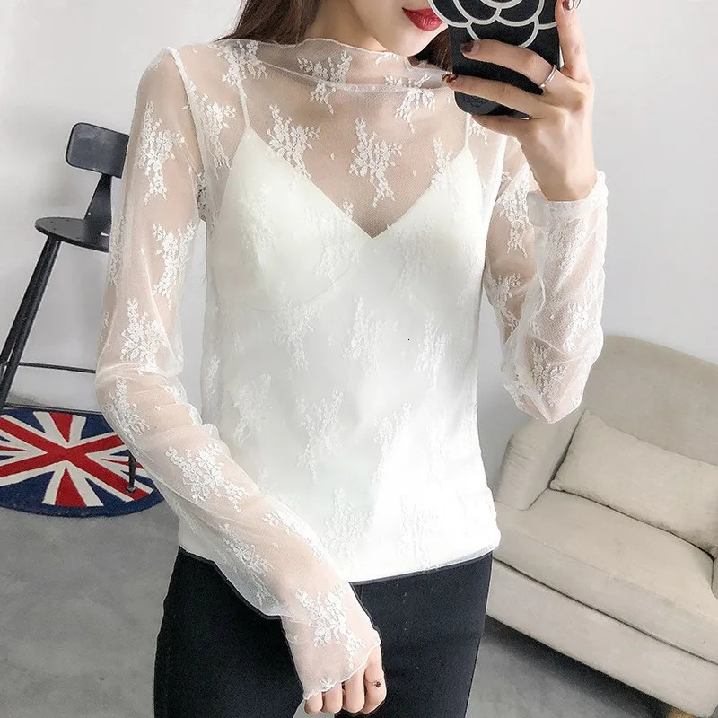 American spicy girl sees through Tshirt and sweet womens lace cover high neck long sleeved top Y2K streetwear sexy club 250311
