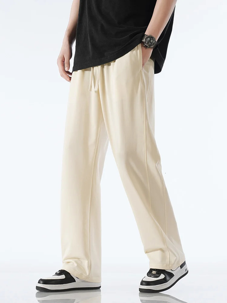Summer Track Pants Men Light Thin Breathable Cotton Straight Sweatpants Drawstring Solid Color Sportswear Loose Home Trousers 250320