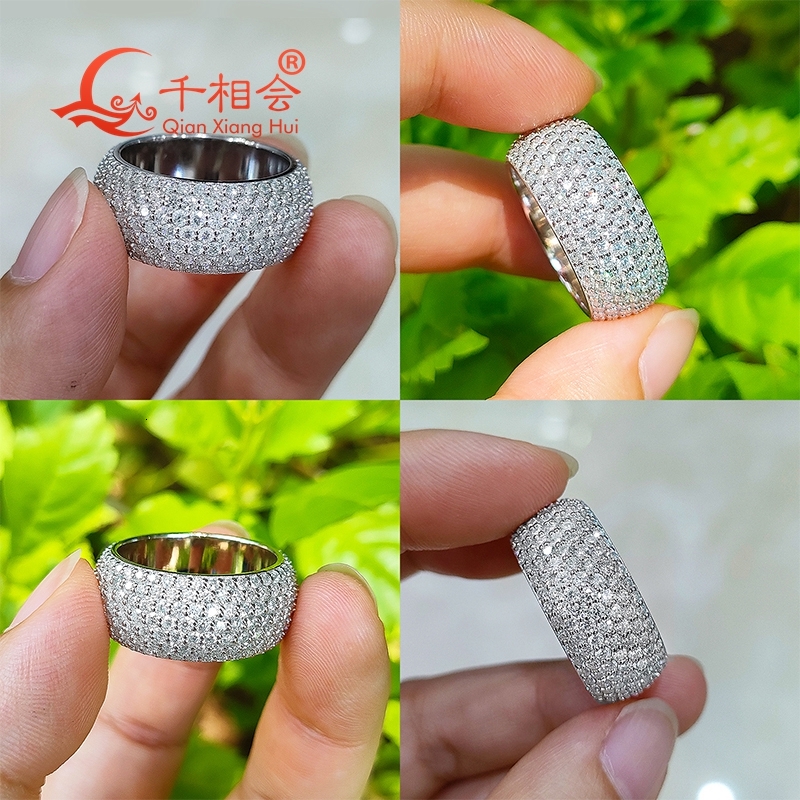 10mm Seven Rows White Melee Moissanite Band Ring Full Stones S925 Silver Jewelry Ring for Engagement Suitable for Ladies And Men