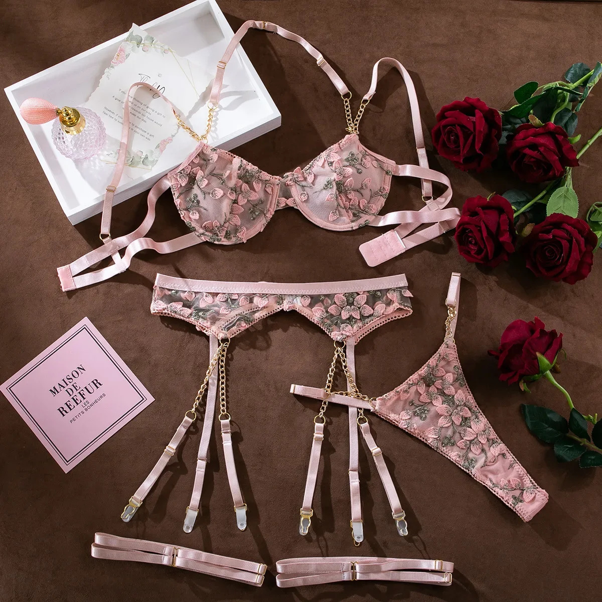Girl Embroidered Flower Perspective Lingerie Set Womens Sweet Sexy Chain Underwear Female Solid See Though Bra Three Piece Set 250320