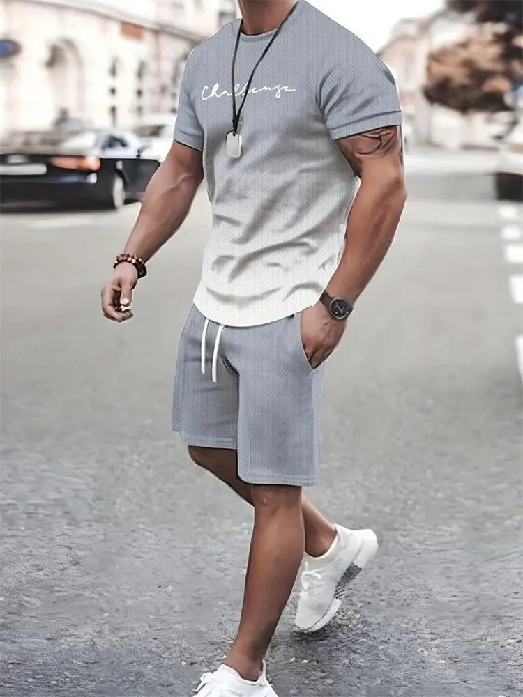 2025 Summer Mens Sportswear Loose Fashion Clothing 3D Printed Tshirt Shorts Simple Se 250320