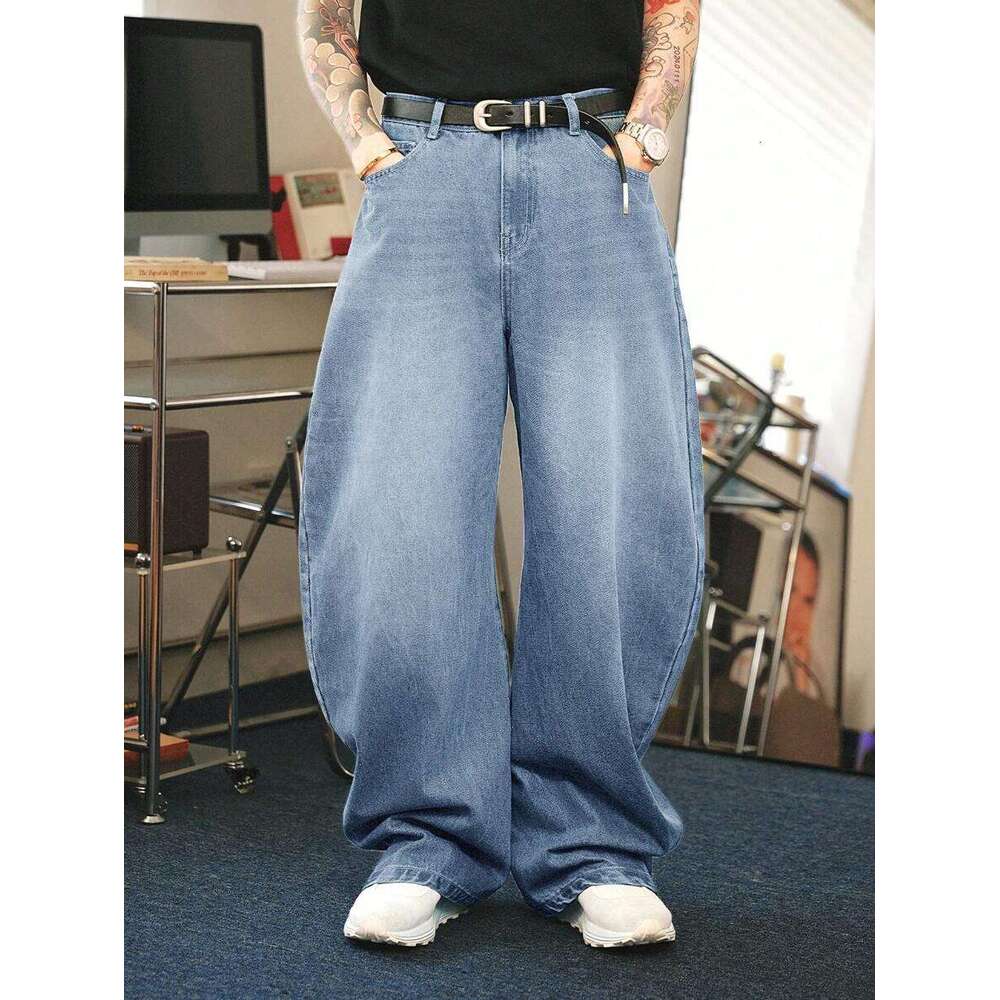 American high street trend black loose wide straight leg casual jeans for men and women