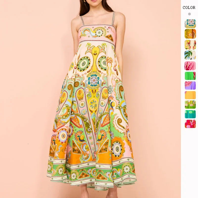 Womens casual lazy pine print Camisol long skirt beach vacation style dress summer arrival 250320
