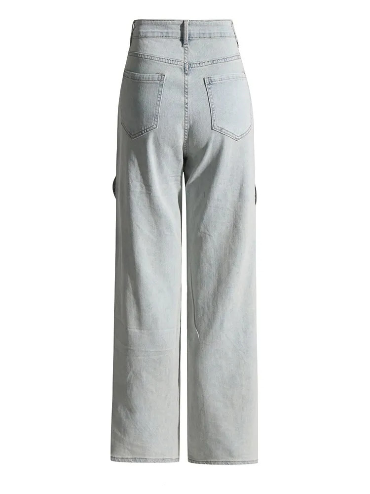 VGH Crisscross Hit Color Street Denim Trouser Womens High Waist Patch Work Bag Hollow Split Pants Womens 250314