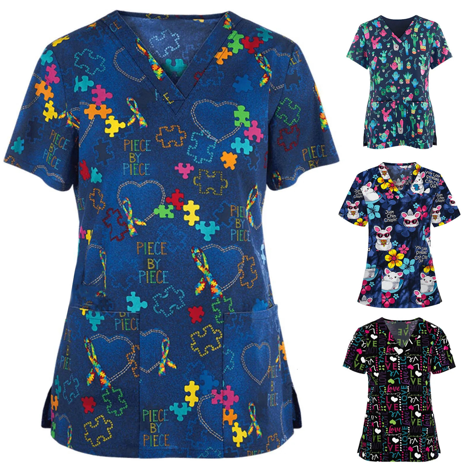 Women Working Uniform Animal Print Cartoon Cat Dog Short Sleeve V-neck Tops Femme Blouse Nurse work wear Uniforms 250320