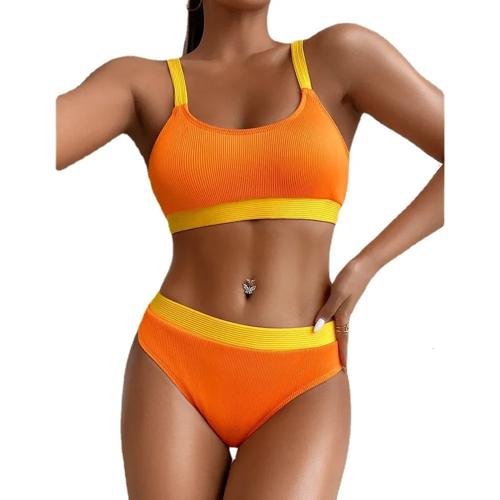 Customized womens clothing special fabric threaded groove strips bikini color matching split swimsuit explosion 250320