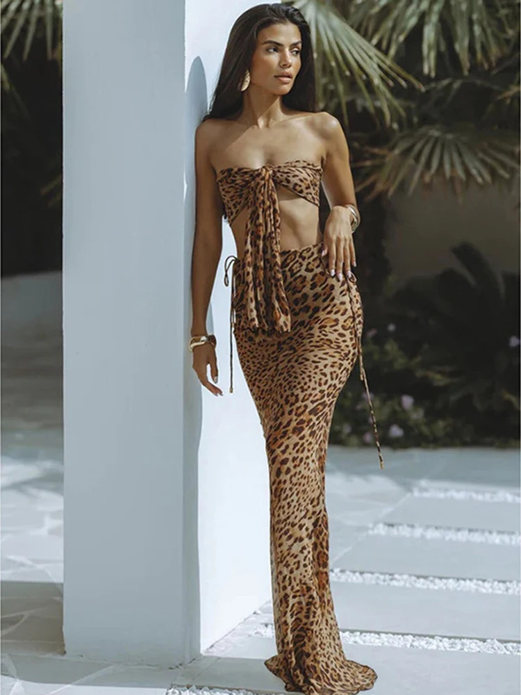 Sibybo Sexy Tube Top Leopard Print 2 Pices Skirt Set Fashion Bandage Skinny Causal Skirt Set Summe Spicy Girl Club Party Clothes 250320