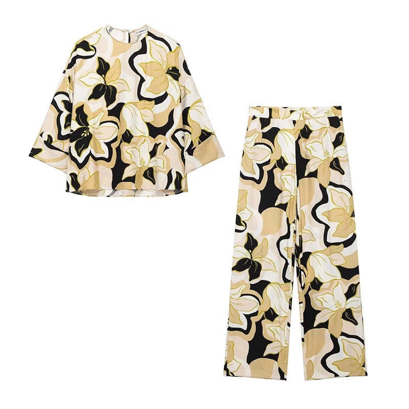 RAFZNB High Waist Wide Leg Pants Sets For Women 2 Pieces Print Shirts Top Womens Suit Two Piece Set Women Outfit 250320