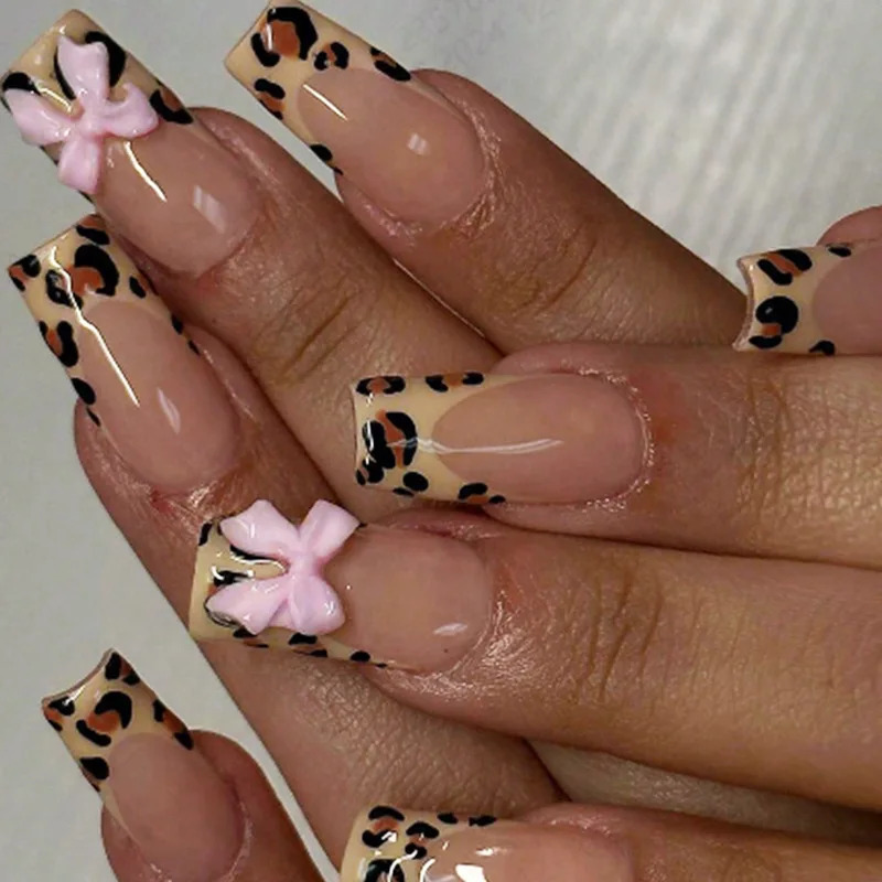 24Pcs Pink French Style Fake Nails 3D Bowknot s Short Square Press on Nails Sweet Korean Fashion False Nail for Women Girl 250319