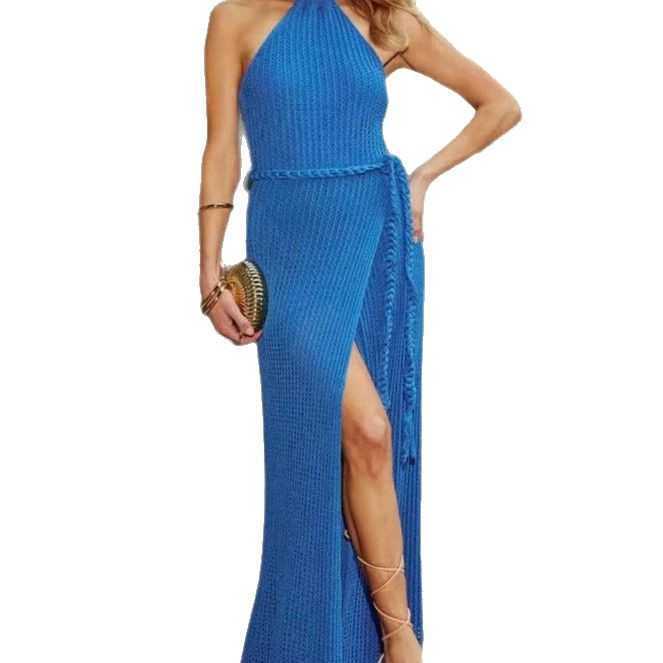 Hanging neck strap backless dress beach vacation bikini dress with rope at hand long skirt vacation dress 250315
