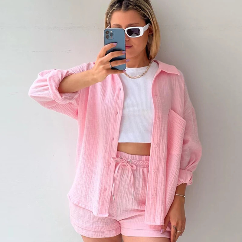 Lace loose long sleeved pocket shirt and 2-piece solid casual suit thin womens clothing 250318