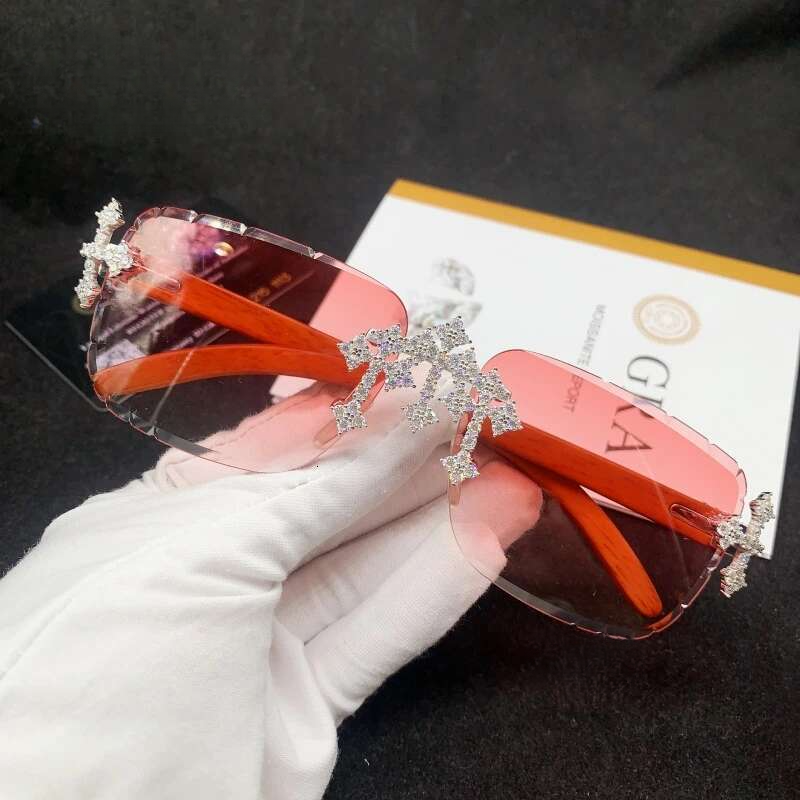 Pass Dia Tester Sier Wooden Legs Colored Lens Moissanite Glasses Iced Out Men Women Cross Style Fashion Sunglasses
