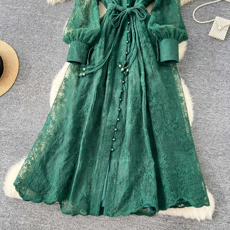 Dresses Whitedress June French High-end Dress 2025 Spring Waistband Heavy Embroidery V-neck Lantern Sleeves Single Breasted Long Skirt for Children