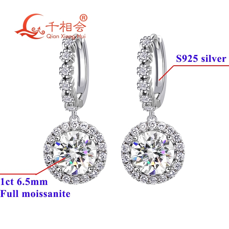 6.5mm 1ct halo round shape 925 silver white color D VVS moissanite stone ear stud Earring gift dating women wedding