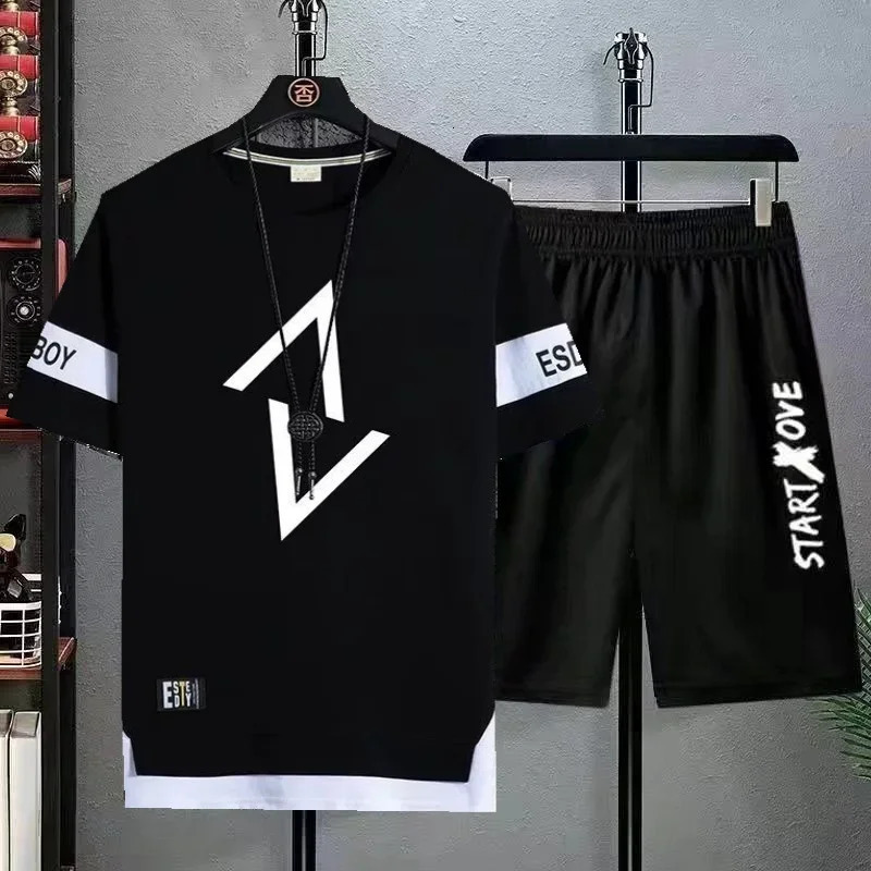 Summer set short sleeved t-shirt for men paired with cool and trendy shorts for couples and half sleeved clothes for teenagers 250320