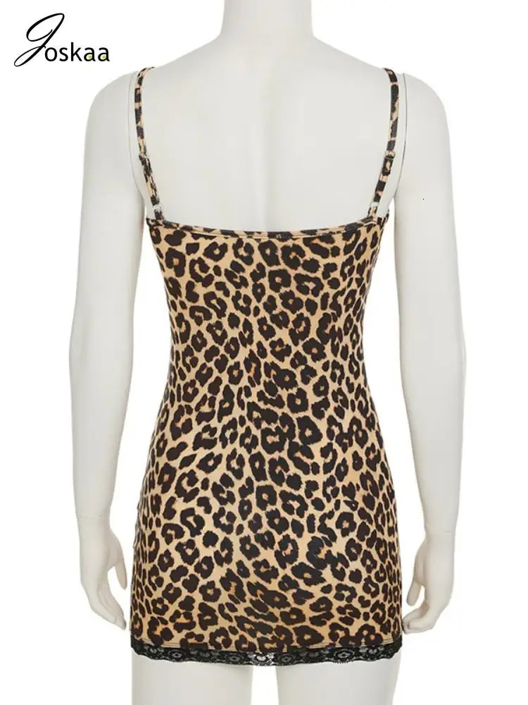 Joskaa Lace Patchwork Leopard Print Mini Dress Women Sexy Adjustable Shoulder Strap Sleeveless Body-Shaping Robe Party Clubwear 250320