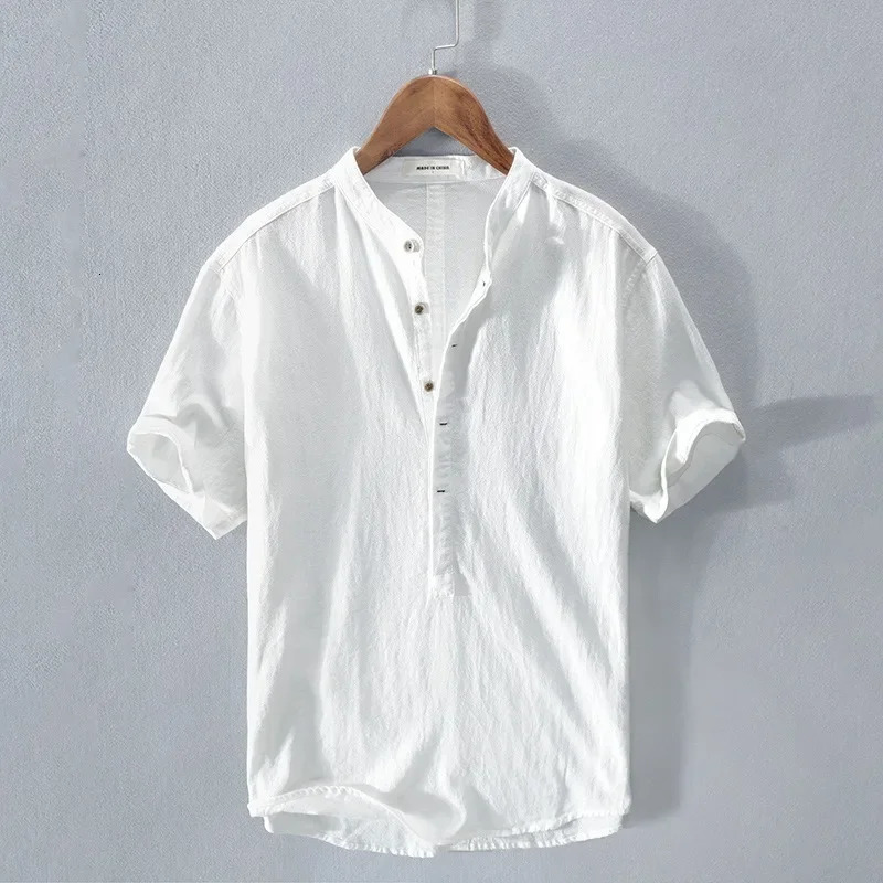 Mens Cotton and Linen Shirt High-end Loose Short Sleeves Half-open Button Henry Collar Linen Breathable Inch Shirt Trendy 250320