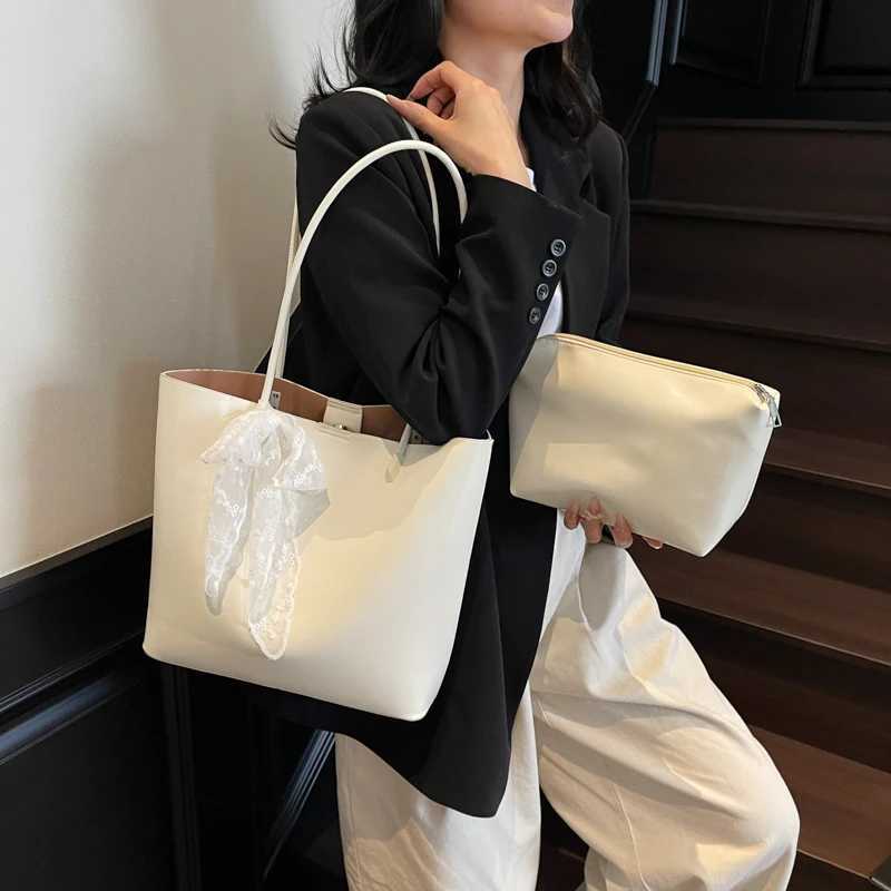 MOODS 2-in-1 Underwear Shoulder Bag Set suitable for womens waxed PU leather lace bow decoration large capacity shopping bag with small bag Y250320