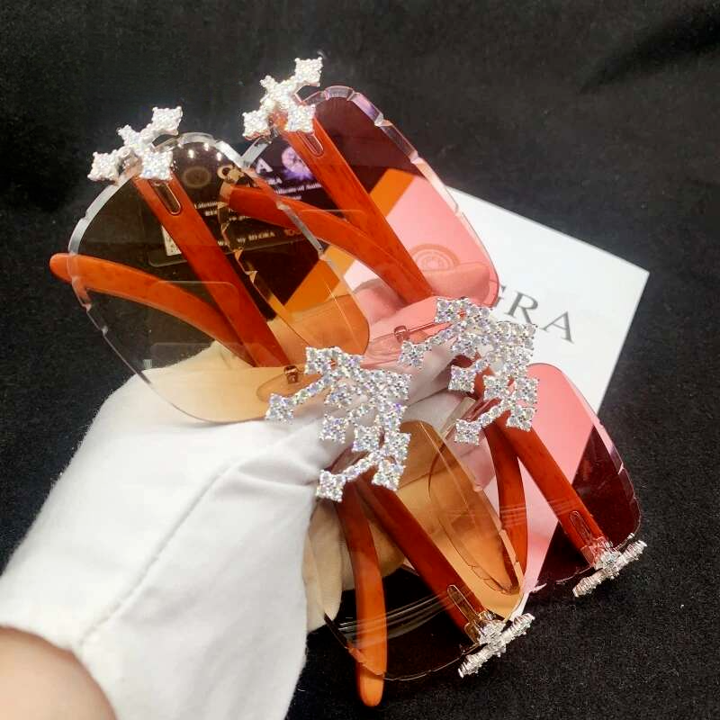 Pass Dia Tester Sier Wooden Legs Colored Lens Moissanite Glasses Iced Out Men Women Cross Style Fashion Sunglasses