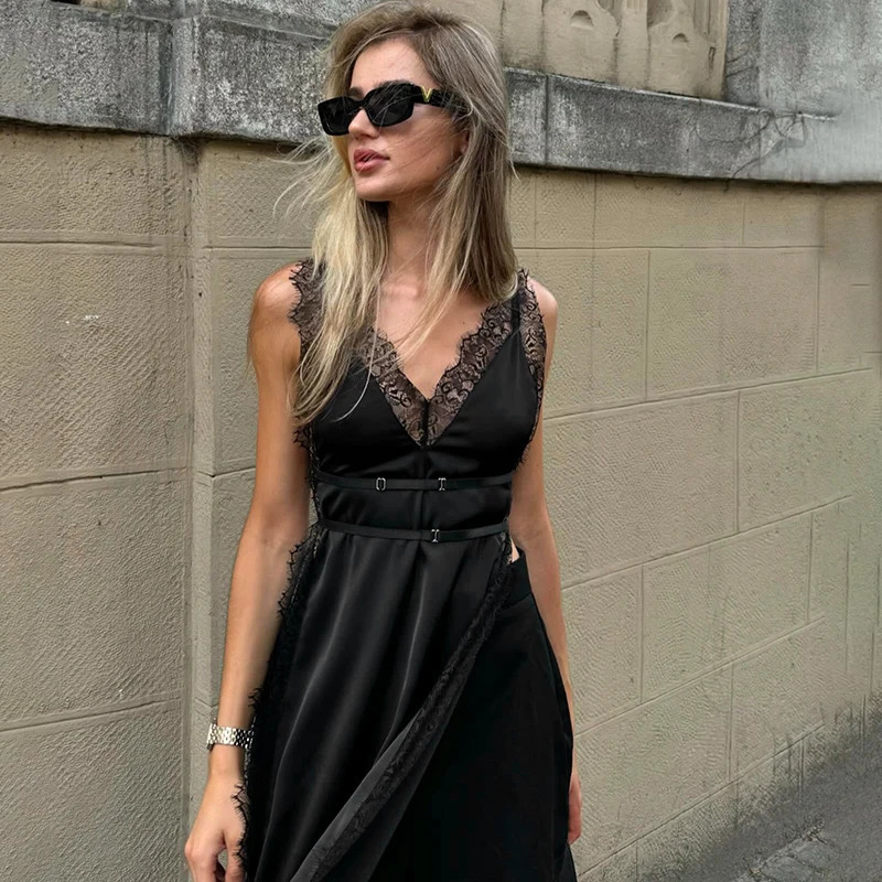 CUTENOVA SpringSummer Solid Color Sleeveless Lace Splicing Work Strap High Split Dress Sexy and Spicy Fashion 250320