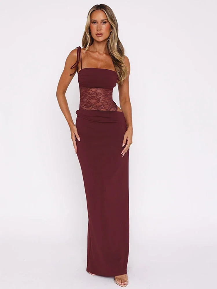 Mesh Perspective Y2K Lace Maxi Long Beach Dress Hollow Womens Summer Sleeveless Backless Tight 250320