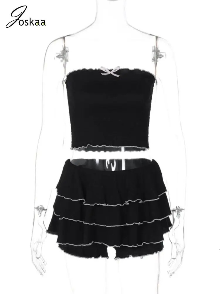 Joskaa Sexy Ruffles 2 Piece Set Summer Women Bow Tube Tops and Shorts Skirts Matched Suits Ruched Vacation Outfits Streetwear 250320