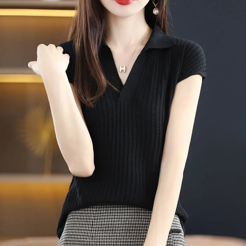 T Shirt Youth Top Petite Knitted Wholesale Ladies Polo Neck Tee Shirts Korean Pullover High Quality Flower Good Xxl Black 250319