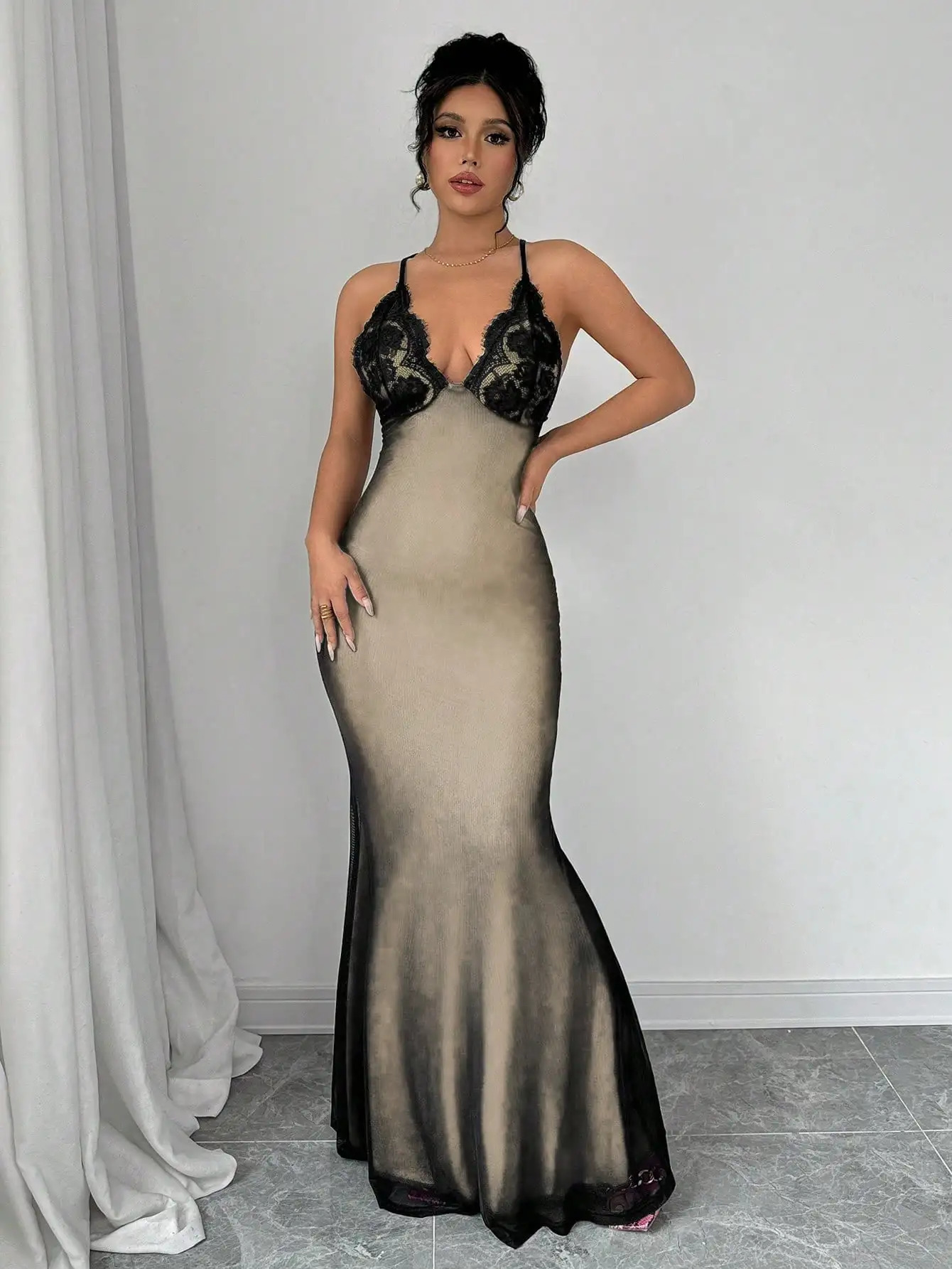 V-neck lace panel Crisscross back fishnet detail womens long skirt 250318
