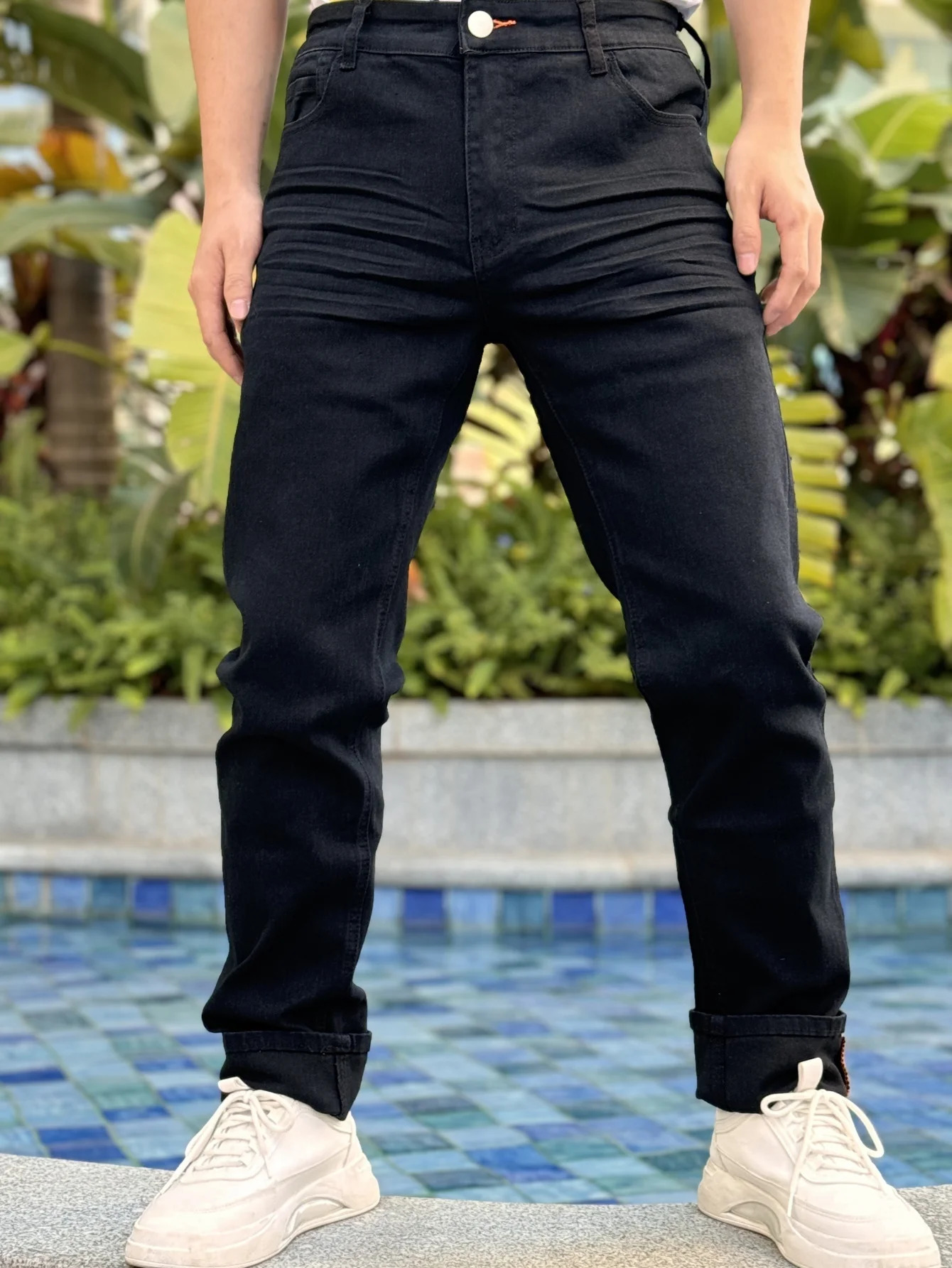 Y2K mens jeans series features a fashionable and casual street trend style with regular cut and black cotton blend fabric 250320