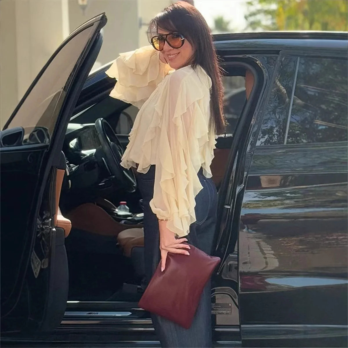 2025 Spring Burgundy Layer Ruffles Shirts For Woman Casual V Neck Full Sleeve Loose Blouse Female High Street Office Outfits 250320