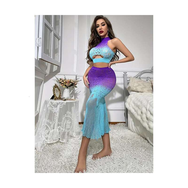 higher quality Gradient Color Hollow Out Sleeveless Package Hip Fishtail Dress Two Piece Jacquard ral Patterned Buttock Upper and Lower Suit Dresses