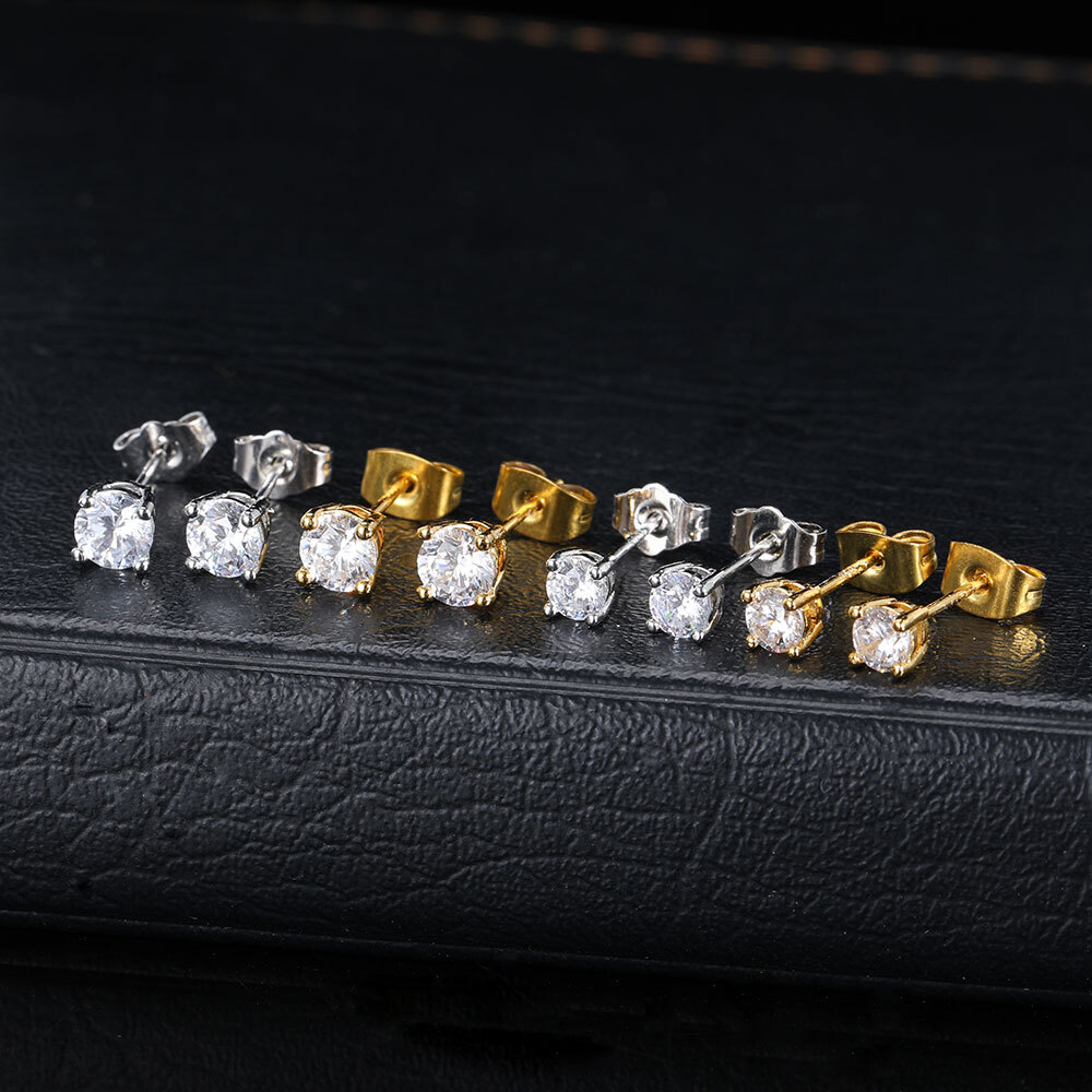Nuoya Hip Hop Fashion Jewelry 18/K Plated Bling Cubic Zirconia Stud Earrings (Round Princess) Personalized Original Jewelry