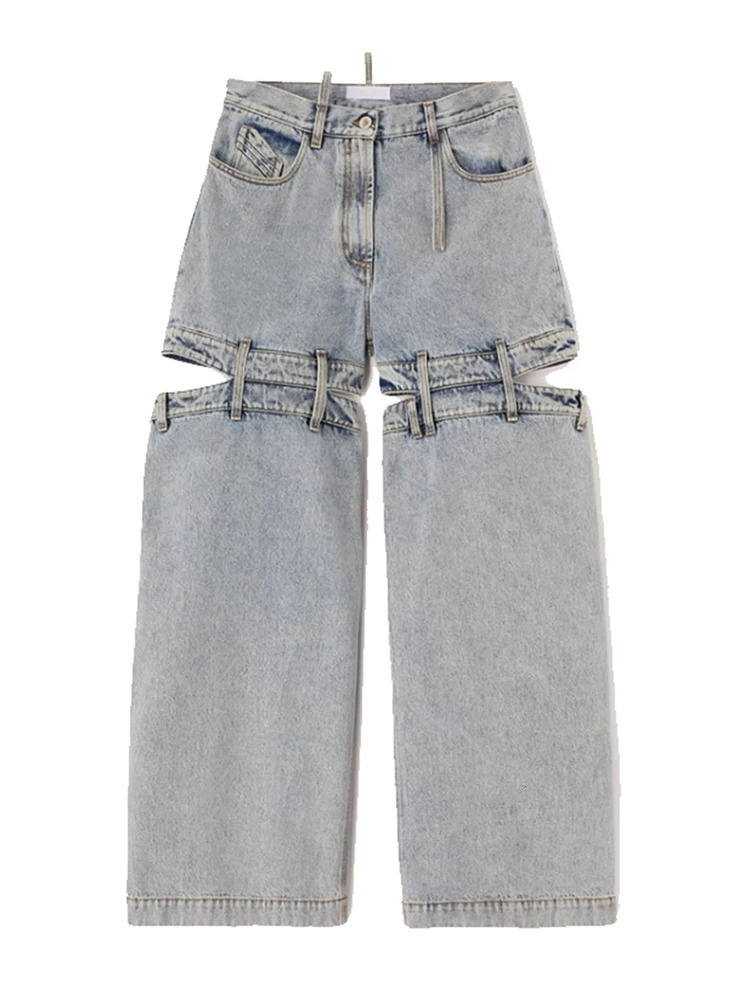 Womens loose waist zipper hollow solid color wide leg long leg jeans autumn trendy 250314