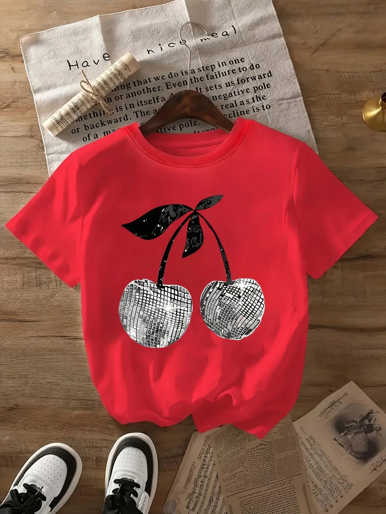 Silver Cherry Graphic Print TShirt Short Sleeve Crew Neck Casual Top for Summer Spring Womens Clothing Tees 250311