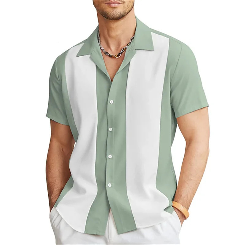 mens shirts Bowling shirts Button shirts Summer casual red short-sleeved color matching lapels Street clothing fashion 250317