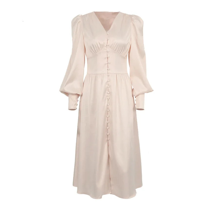 White Single Breasted Elegant Dress For Women Party Robe High Waist Satin Long Dress Sexy Lantern Sleeve Midi Dresses 250320
