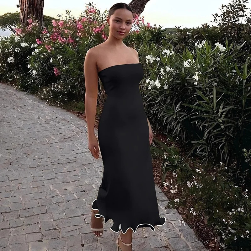 womens strapless slim fit bag long dress with ruffled hem sexy and elegant party night out summer club outfit 250320