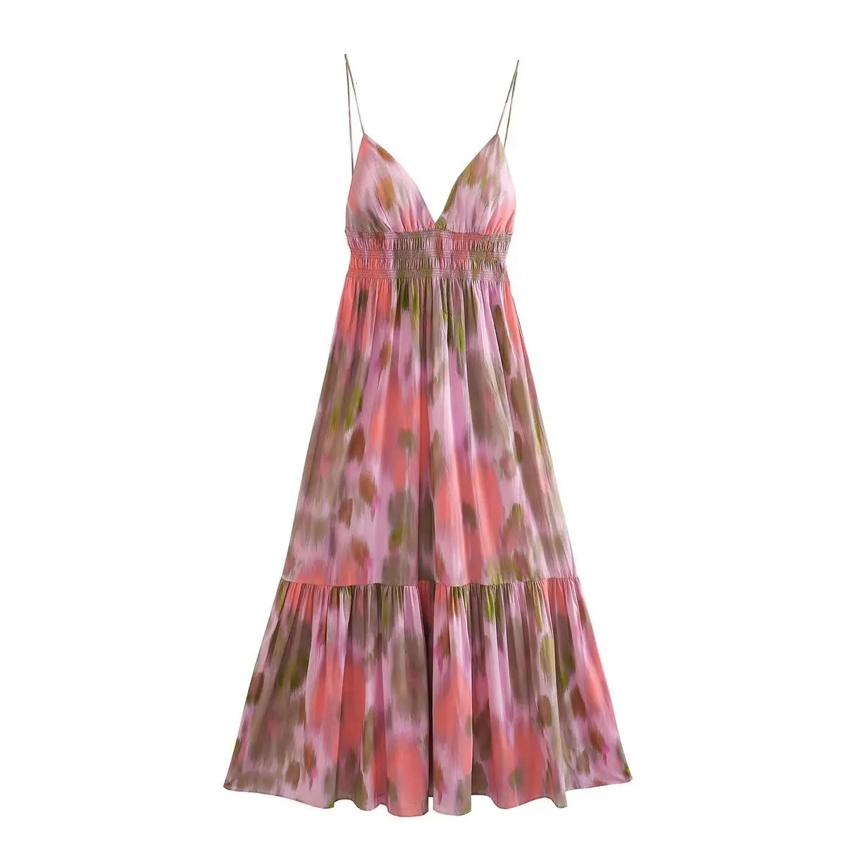 Fashion Printed Elastic Waist Backless Dress Women Lace Up Vintage Straps VNeck Midi Dresses Female Vacation Chic Beach 250317