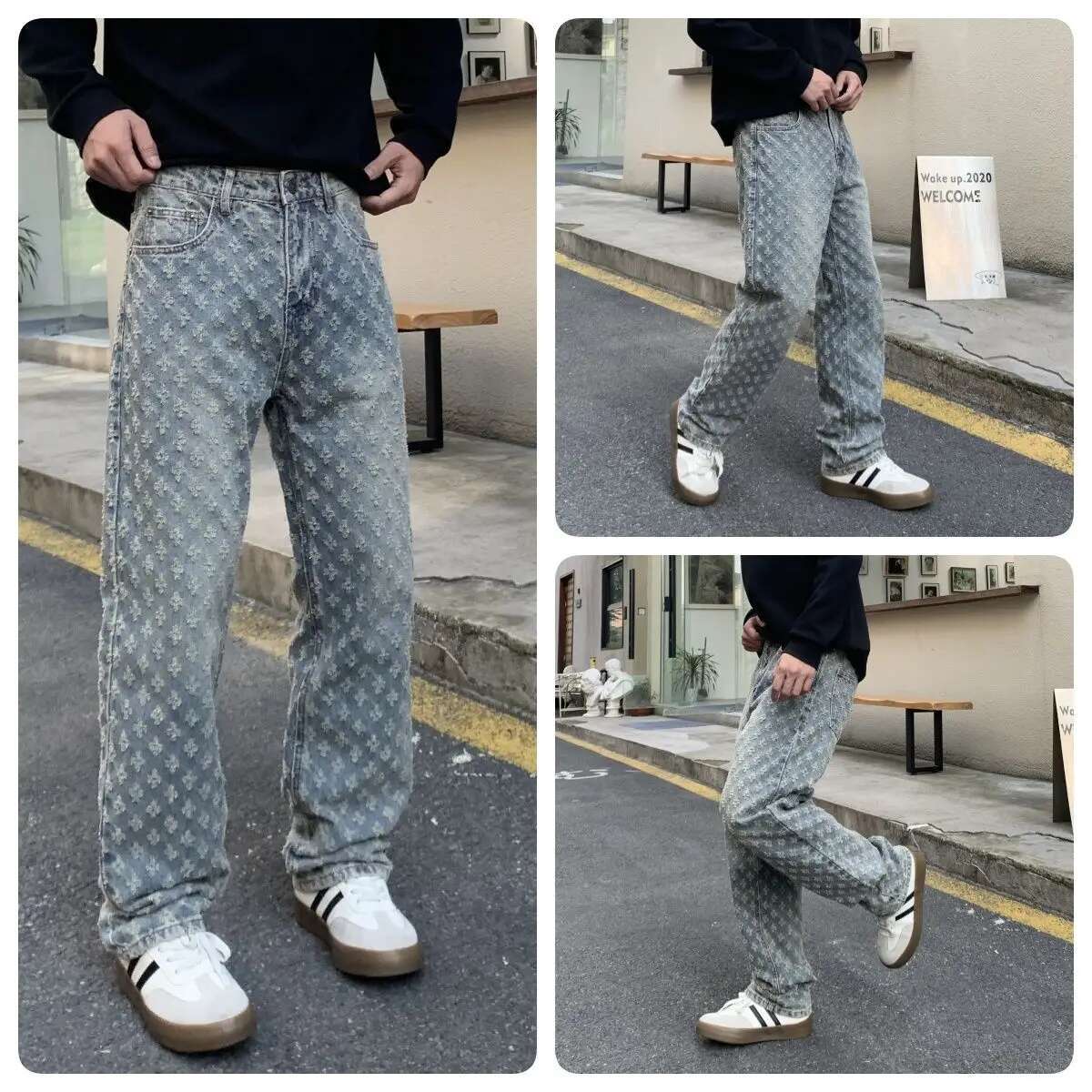 Designer Jeans 2025 New Blue Personalized Men's Jacquard Pattern Retro Fashion Emed Street Wear Jeans Pants Loose Casual Straight Leg Pants Men&#