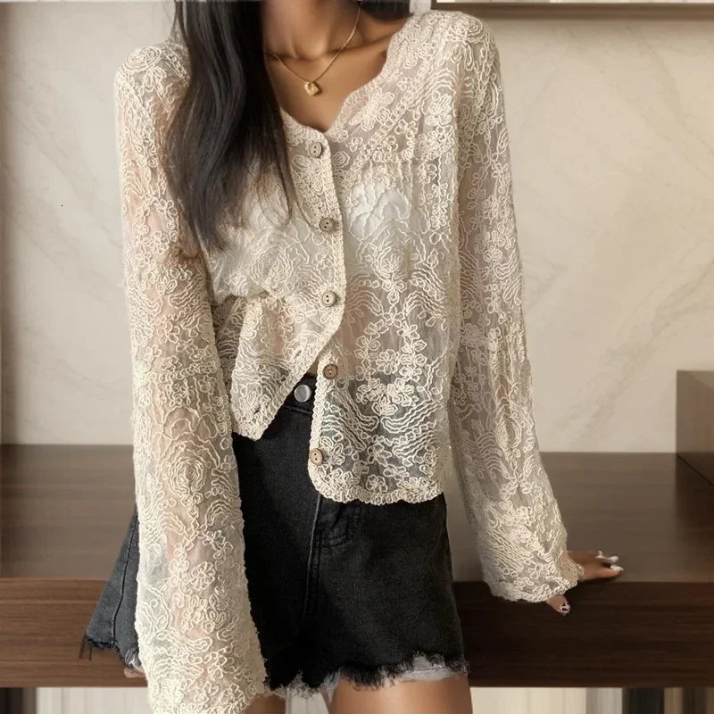 Itolin Womens Button Open Top Flash Sleeve T-shirt V-neck Ruffle Sweet Shirt Summer Lace Hollow Transparent T-shirt 250320